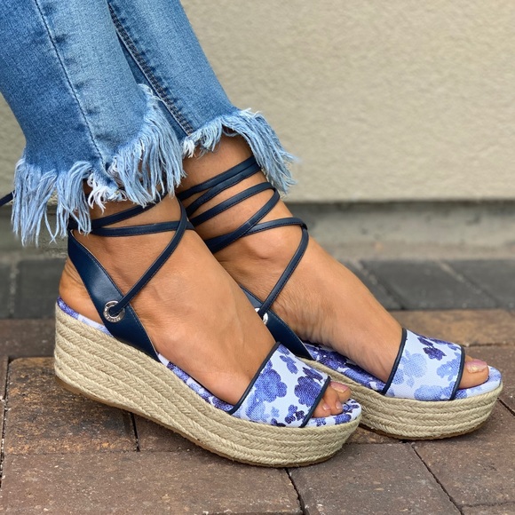 Blue White Floral LaceUp Espadrille Platform Wedge - Picture 4 of 8